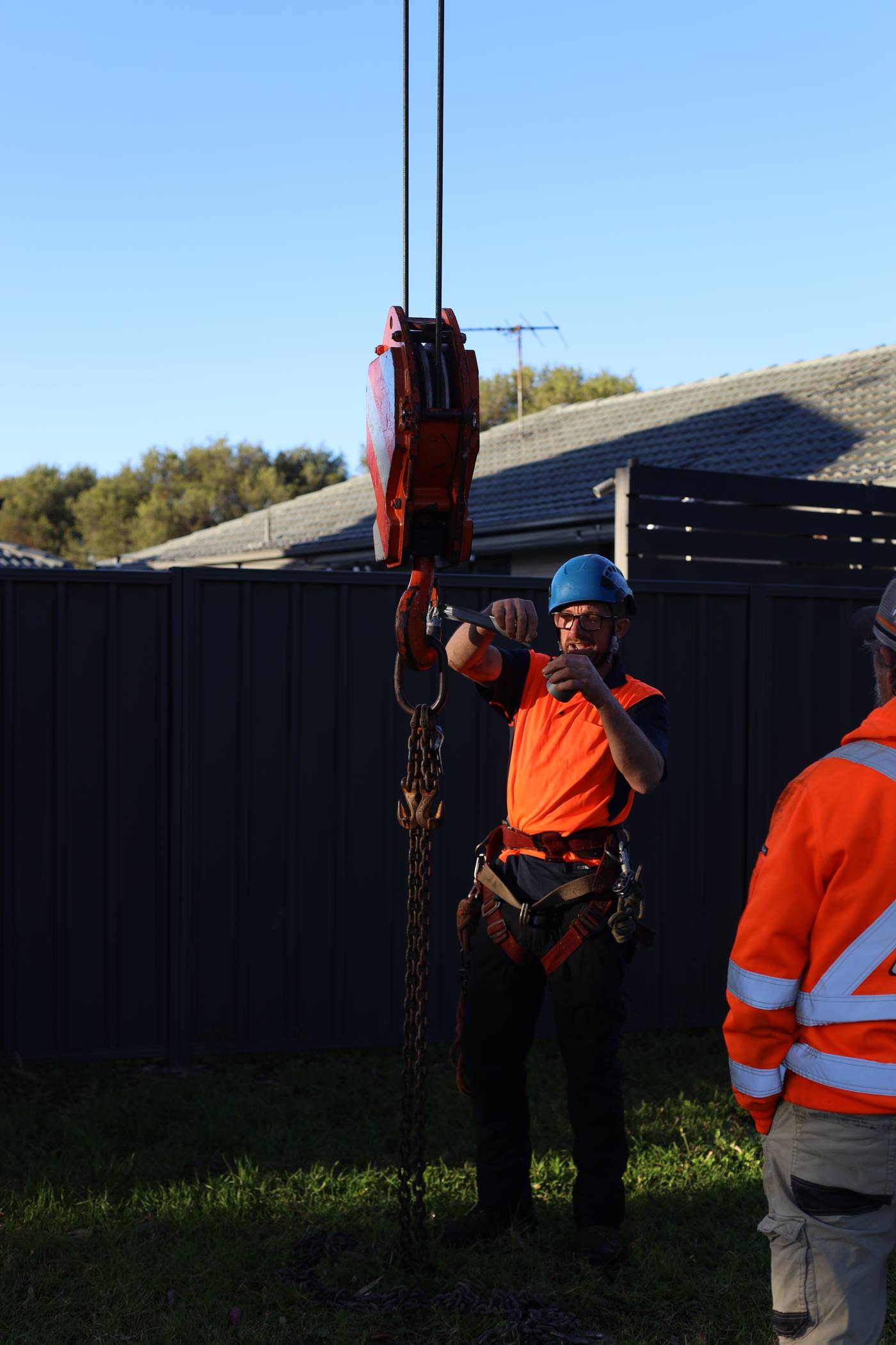 Rigging block and hook set up for a crane-assisted removal